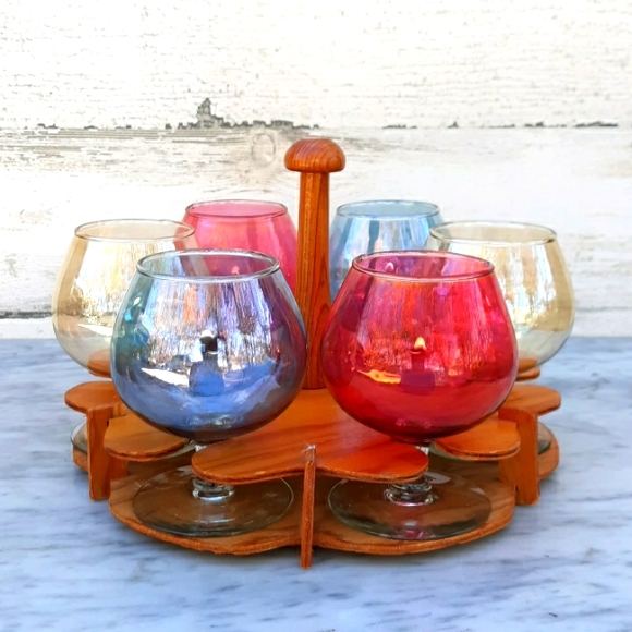 Other - MID-CENTURY SHERRY GLASSES AND WOODEN HOLDER